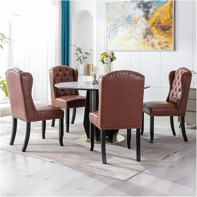 Adjustable Office Computer Chair with Armrest 1pcs Modern Style Brown Leather Upholstered Solid Wood Decorative Dining Room Chairs