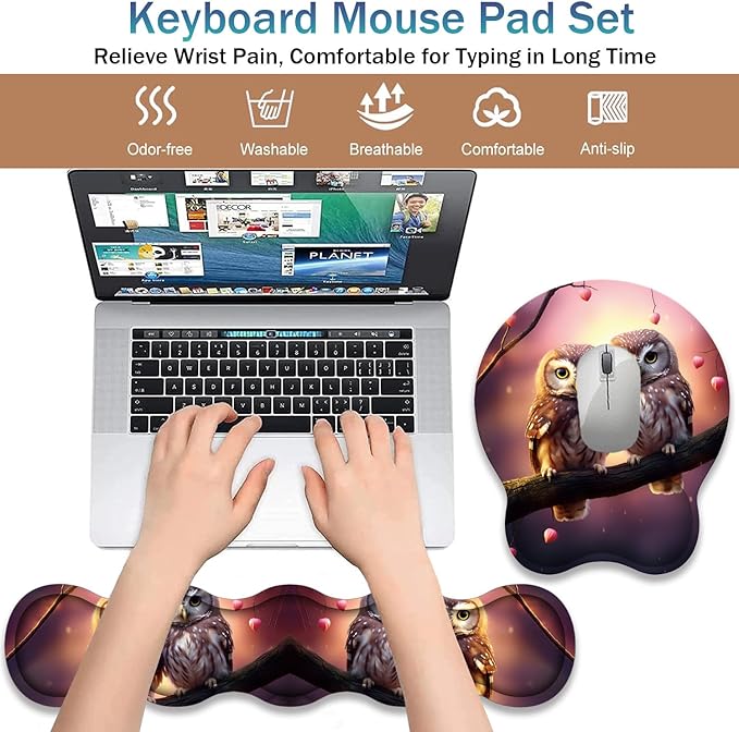Ergonomic Keyboard Wrist Support Pad and Wrist Support Mouse Pad Anti-Slip with Gel Memory Mouse Pad Set Suitable for Office Use/Home Use - Cute Owls