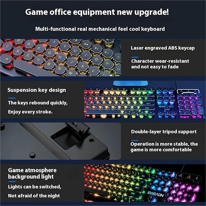 104 Key Backlit True Mechanical Feel Keyboard Wired Gaming Keyboard Illuminated Retro Keyboard Gaming PC Laptop Office(Black with RGB Light)