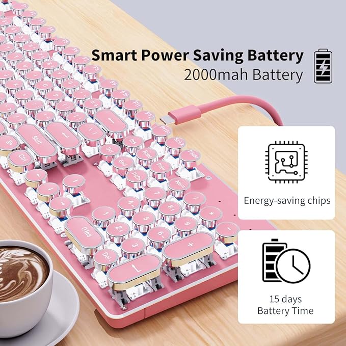 TK950 Wireless Typewriter Keyboard and Mouse Combo 104 Keys Retro Typewriter Mechanical Keyboard with White Backlit Anti-Ghosting Blue Switch Bluetooth/2.4G/Wired Cute Gaming Keyboards-Pink