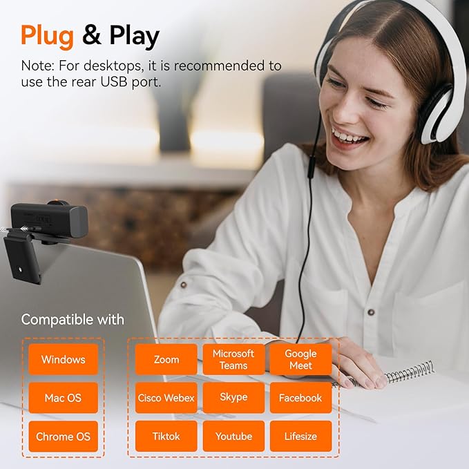 SVBONY 2K Webcam for PC Computer Camera with Low-Light 3D Noise Reduction&ampDual AI-Noise Canceling Mics Web Cam with Privacy Cover USB A-to-C Plug&ampPlay PC Camera for Video CallingTeamsStr