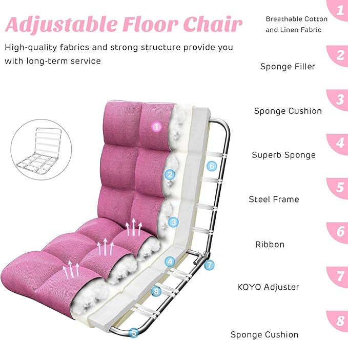 Pink Linen Fabric Floor Chair Folding Lazy Video Gaming Chair 14 Adjustable Backrest Positions Soft Comfortable Thick Padded Cushion Steel Frame Great for Reading Watching TV Playing Games