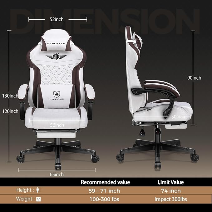 GTPLAYER Gaming Chair with Footrest Big and Tall Game Chair High Back Computer Office Chair with Lumbar Support for Adults Ergonomic Swivel Games Chair with Cushion Gaming Fabric Brown