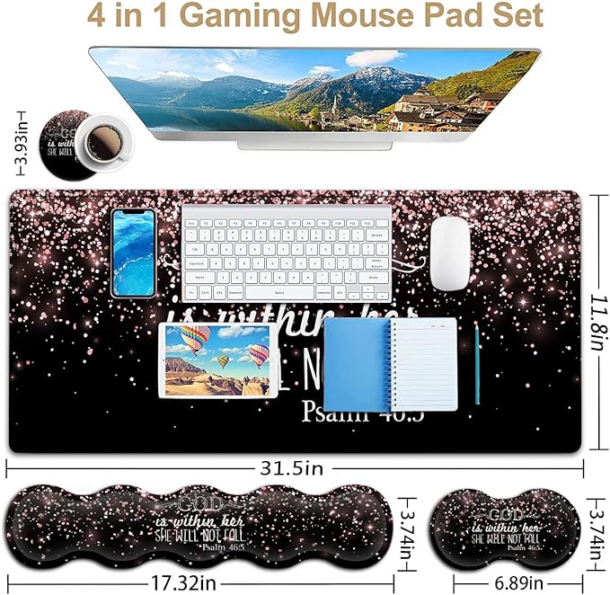 Large Gaming Mouse Pad Memory Foam Keyboard Wrist Rest Extended Office Desk Mat Office Desk Pad with Stitched Edges Laptop Desk Table Protector Rose Gold Glitter Psalm 46:5 Black Writing Mat