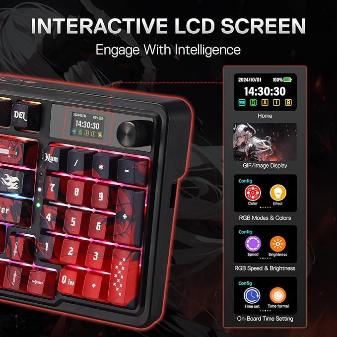 Redragon K719 PRO Wireless Gasket Gaming Keyboard w/Hype Screen &amp Knob 95 Keys Mechanical Keyboard Easy-Control 1.14’’ TFT Info Display 5-Layer Noise Dampening Custom Linear Switch Anime Edit