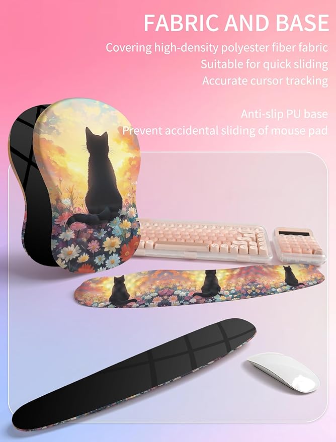 Hokafenle 2in1 Combination Wave Keyboard Wrist Rest and Ergonomic Curvature Mouse Pad Wrist Support for Relieve Wrist Pain Filled with Soft Cushion Memory Foam Wishing Cat