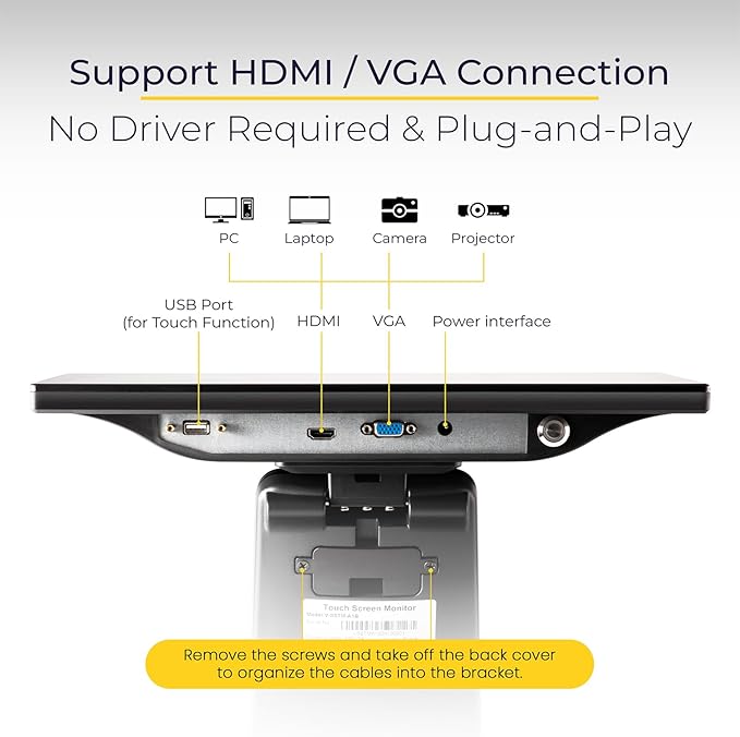 Volcora 15.6 Black LED Touch Screen Monitor with Metal Stand - Backlit 1366 * 768 with VGA HDMI Connection for Small Business Restaurant Office - No Driver Required (Not Compatible with macOS/iOS)