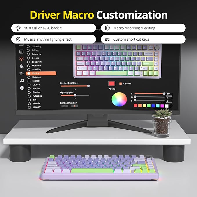 surmen M75 75% Wireless Creamy Keyboard with Gasket Pre-lubed Triple Mode Bluetooth Mechanical Gaming Keyboard BT5.0/2.4Ghz/USB with Sound Absorbing Pads Hot-Swap(Lavender)