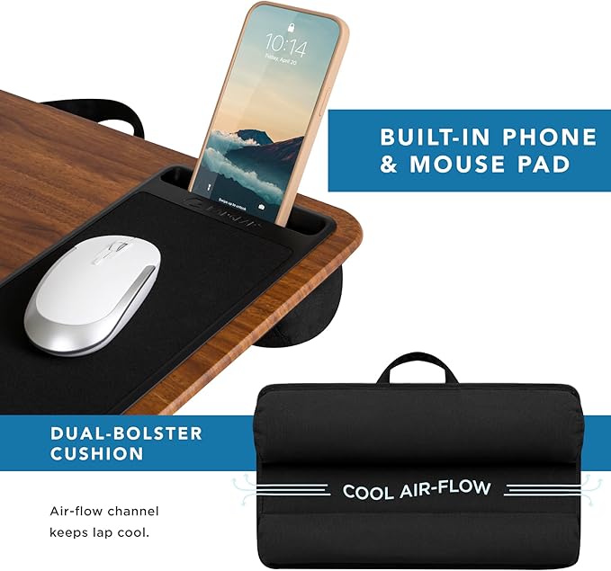 LAPGEAR Home Office Lap Desk with Device Ledge Mouse Pad and Phone Holder - Espresso Woodgrain - Fits up to 15.6 Inch Laptops - Style No. 91575
