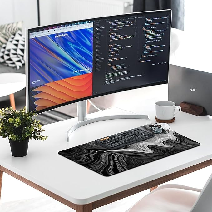 Black and White Topographic Map Gaming Mouse Pad Non-Slip Rubber Base 2XL Mousepad with Stitched EdgesWaterproof Washable Mouse Mat for Desk Home Office Gaming 29.5x16