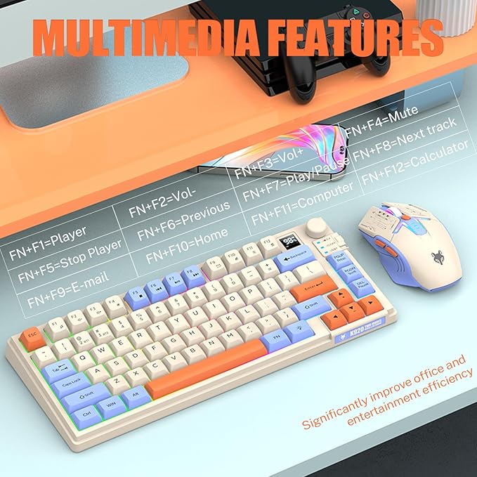 75 ％ Wireless Gaming Keyboard and Mouse Combo Tri-Mode BT5.0/2.4GHz/USB-C RGB Backlit Keyboard + 3D 1600DPI Mice 2000mAh Battery 80 Keys Knob Volume Control (Blue)