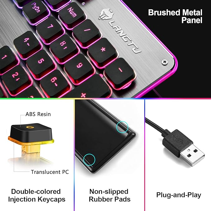 LANGTU Membrane Gaming Keyboard Colorful LED Backlit Quiet Keyboard for Study All-Metal Panel USB Wired 25 Keys Anti-ghosting Computer Keyboard 104 Keys - L1 Black/Silver…