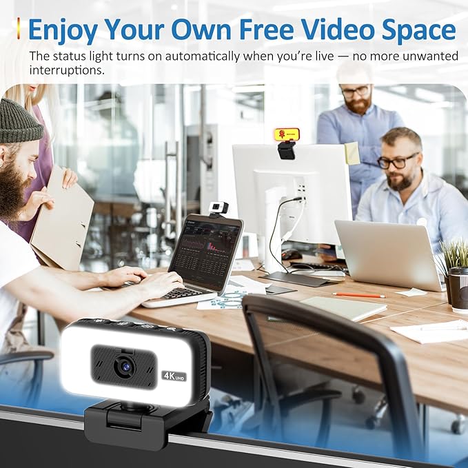 4K Webcam with Light for PC &amp Laptop &amp Mac Computer Camera with AI PDAF AutoFocus Four Physical Controls Buttons Adjustable Webcam Light Privacy Cover for Remote Work