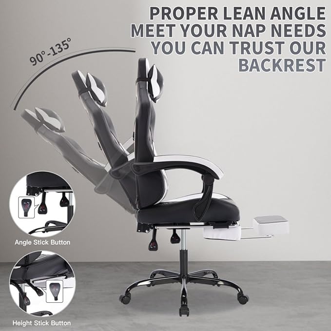 Gaming Chair with MassageErgonomic PC Gaming Chair with Footrest Comfortable Headrest and Lumbar SupportHigh Back PVC Leather300LBS (Black White)