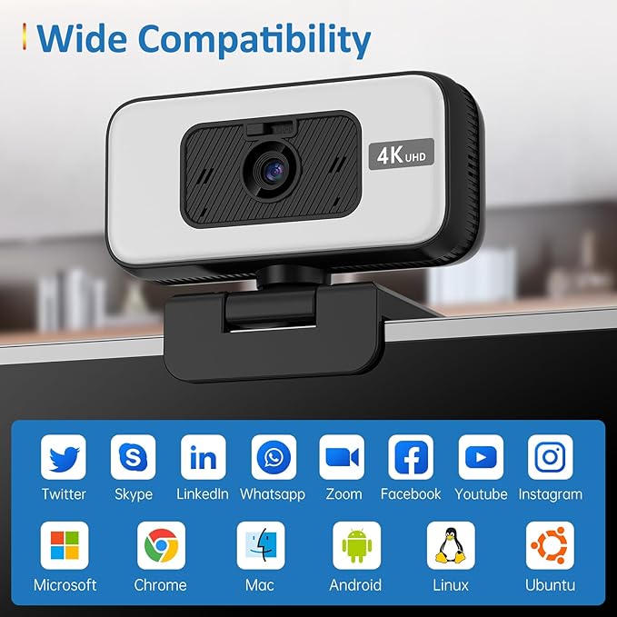 4K Webcam with Light for PC &amp Laptop &amp Mac Computer Camera with AI PDAF AutoFocus Four Physical Controls Buttons Adjustable Webcam Light Privacy Cover for Remote Work