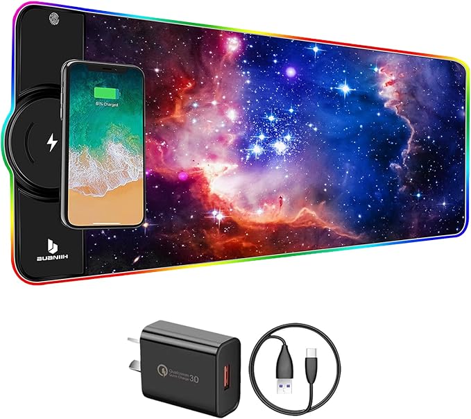 Gaming Mouse Pad Wireless Charging 15W Fast Extended Large Size 10 Lighting Modes Office &amp Gaming 31.5X11.8 (Galaxy)