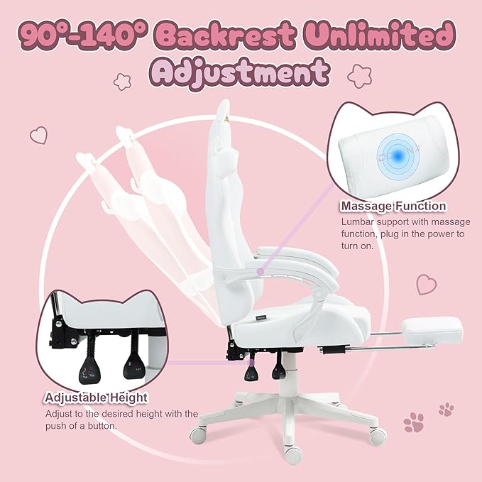 Dowinx Gaming Chair Cute with Cat Ears and Massage Lumbar Support Ergonomic Computer Chair for Girl with Footrest and Headrest Comfortable Reclining Game Chair 290lbs for Adult Teen White