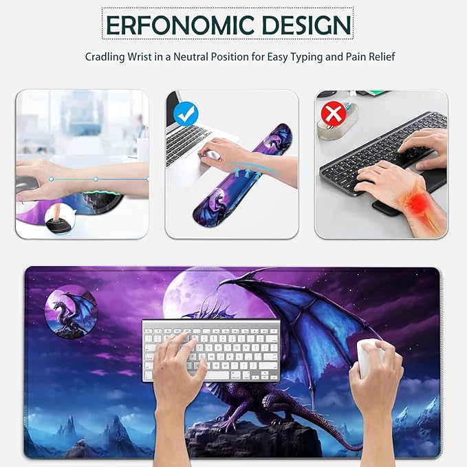 Large Mouse Pad Ergonomic Mouse Pad with Wrist Rest and Keyboard Wrist Rest 4 in 1 Set 31.5 x11.8 inch Extended Desk Pad for Home Office Purple Flying Dragon Pattern XXL Gaming Mouse Mat