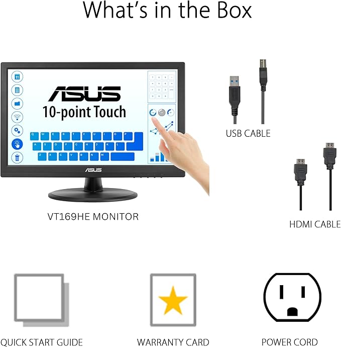 ASUS 15.6” 1080P Touch Monitor (VT169HE) - Full HD 10-Point Touchscreen IPS Wide Viewing Angle Frameless Eye Care Flicker Free Low Blue Light HDMI Windows 11 Compliance VESA Mountable