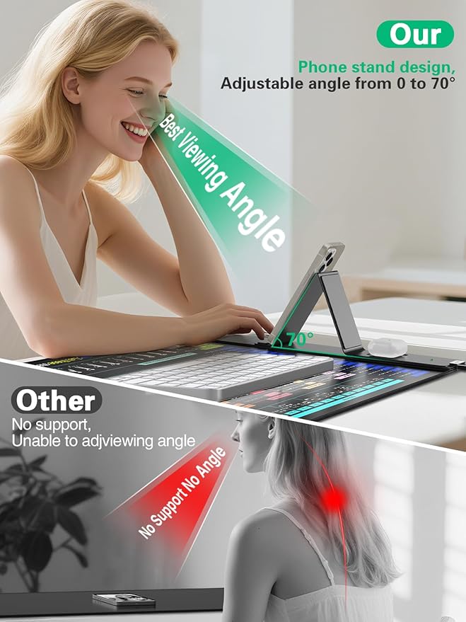 Mouse Pad with Foldable Phone Holder Wireless Charging Desk Mat with Excel/Word/PowerPoint/Windows Shortcut Keys 31.5x15.8 Large Mousepad XXL Desk Pad with Non-Slip Waterproof