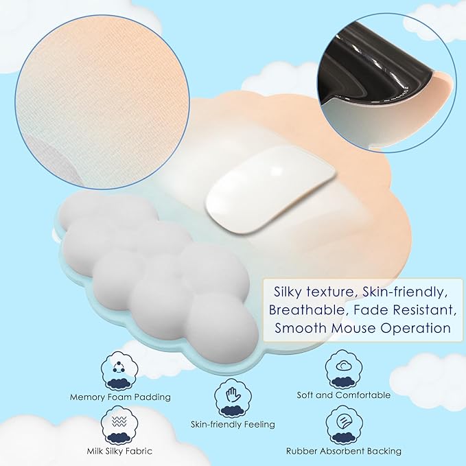 Cloud Mouse Pad Wrist Support Keyboard Wrist Rest Set Ergonomic Wrist Support for Typing Pain Relief Portable for Computer Office Gaming (Orange Light Blue-F)