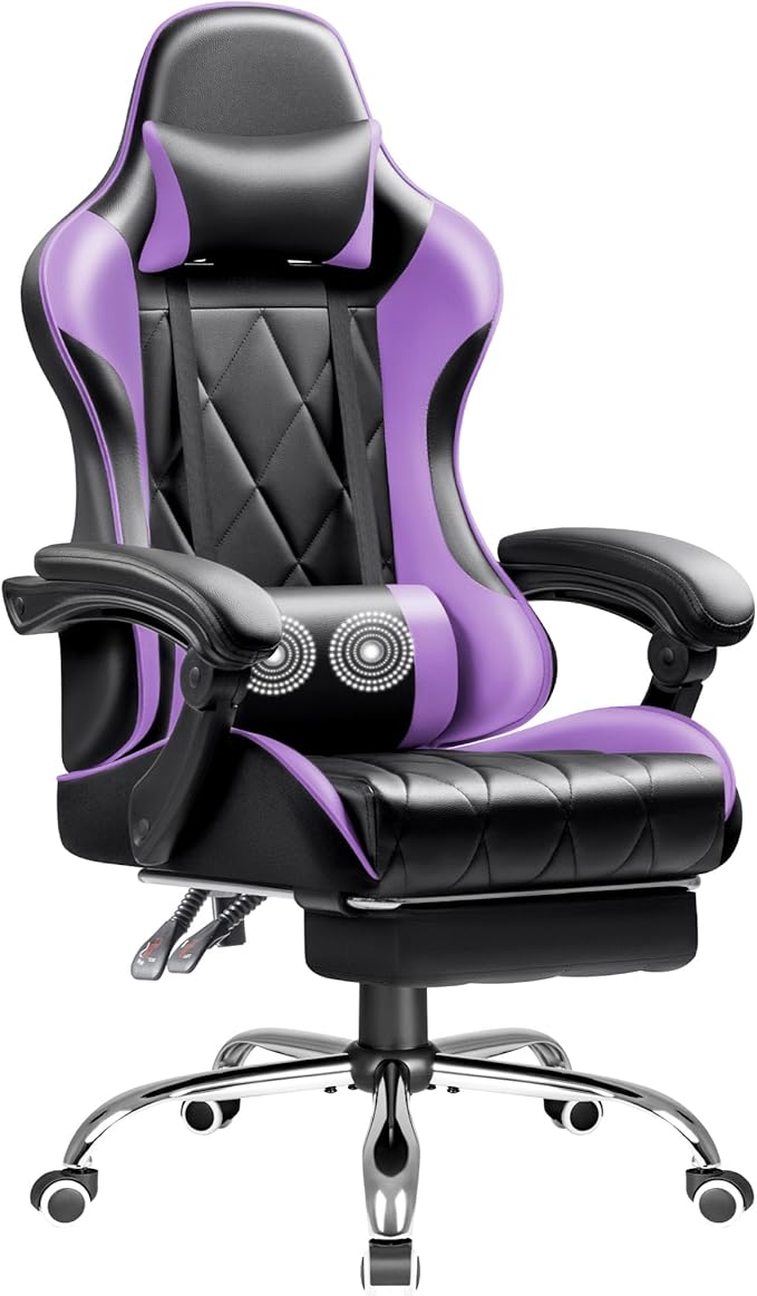 Shahoo Gaming Chair with Footrest and Massage Lumbar Support Ergonomic Office Computer Seat Height Adjustable with Headrest Purple