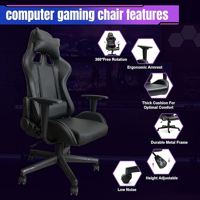 DIKEP Gaming Chair Computer Office High Back Leather Gamer Chair Ergonomic Adjustable Racing Chair with Headrest and Lumbar SupportBlack