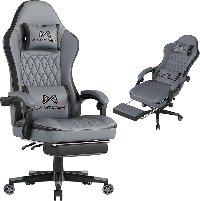 Gaming Chair with Footrest Ergonomic Computer Chair PU Breathable Material with Headrest and Lumbar Support Suitable for Silla Gamer and Adults（Grey