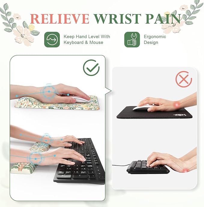 iLeadon Green Floral Desk Cover Mat Computer Mouse Pad and Keyboard Wrist Rest Non-Slip Base Keyboard Wrist Rest and Mouse Pad Set Office Desk Mat Cute for Women (Light Green)