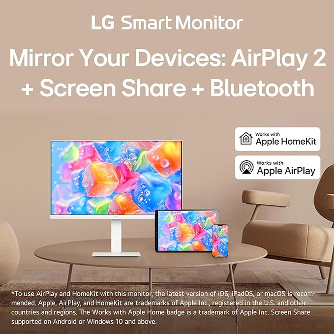 LG 27-Inch Smart Monitor 4K UHD (3840 x 2160) IPS Display HDR10 Built-in Speaker Screen Share Remote Control WebOS HDMI USB Type-C PD 65W AirPlay 2 Bluetooth Tilt/Height/Swivel/Pivot Stand