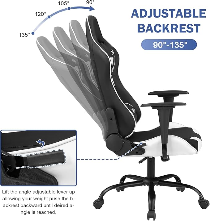 BLKMTY Gaming Chair Office Chairs High Back Computer Leather Desk Chair Racing Executive Ergonomic Adjustable Swivel Task Chairs with Headrest and Lumbar Support White