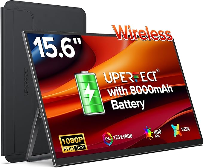 UPERFECT Wireless Portable Monitor with Battery 8000mAh 15.6 1080P FHD Ultra Slim Travel Monitor with Stand/VESA/Sleeve External Second Screen for Laptop PC Phone Support AirPlay Miracast