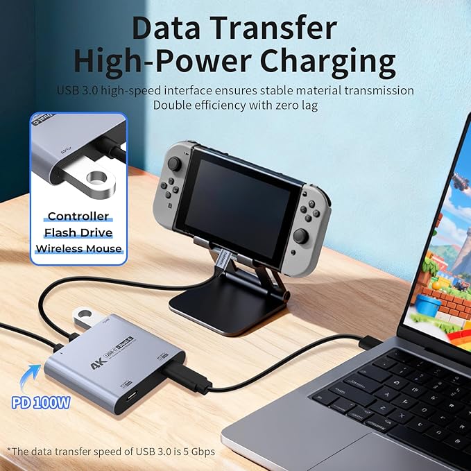 Guermok 4-in-1 Dual USB-C Display Hub 4K@60Hz Video PD 100W Fast Charging &amp USB 3.0 5Gbps Compatible with AR Glasses Switch 2 Laptops Portable Monitors &amp Type-C Displays（Silver）