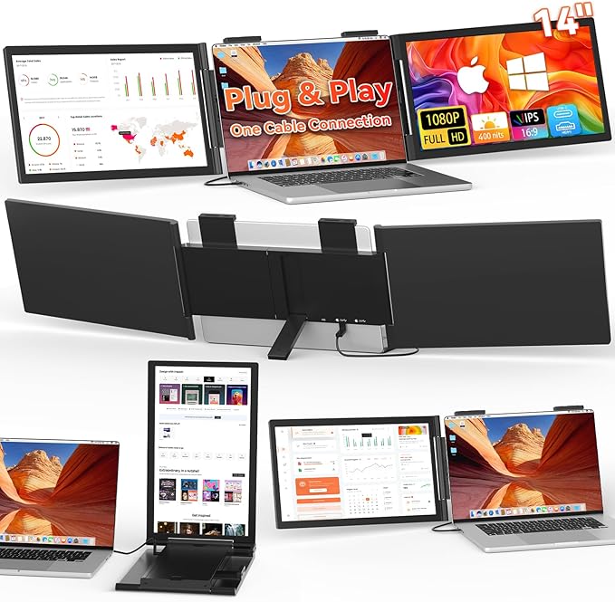 HotYeah Laptop Screen Extender One Cable Connection (Windows &amp Mac) 14 1080P Dual Portable Monitor USB-C HDMI Wireless Travel Extended Display Triple Screen Monitor for 12-16.5 Laptop