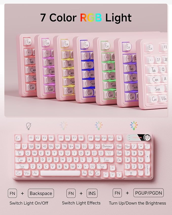 V102 Wired Keyboard 98 Keys Creamy Gaming Keyboard with Number Pad Display Screen &amp Media Knob RGB Silent Wired Cute Computer Keyboard for Laptop PC Gamer - Pink