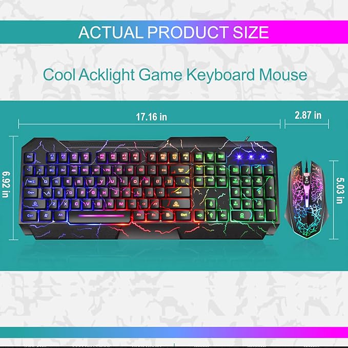 Wired Crack Rainbow Gaming Keyboard and Mouse Combo 104 Keys Light Up Mechanical Feeling Computer Keyboard Wired Gaming Keyboard and Mouse for PC MAC Xbox Gamer(Black)