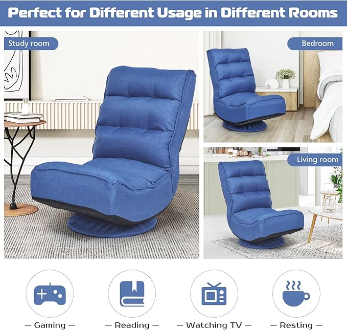 COSTWAY Folding Floor Chair Adjustable 5-Position Video Gaming Chair with 360 Degree Swivel Detachable Cover Padded Backrest Multipurpose Living Room Floor Lounger for TV Reading Playing (Navy)