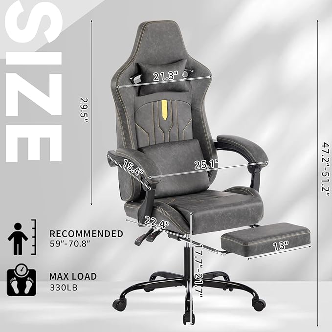 Premium Grey Gaming Chair - Ergonomic Video Game Chair with Massage Lumbar Support &amp Adjustable Footrest PU Leather Racing Seat for Adults