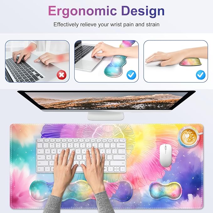 Desk Mat Gaming Mouse Pad Cute Desk Matt Keyboard Wrist Rest for Desktop Anti-Slip Big Mousepad Stitched Edges XXL Large Mouse Pad with Wrist Support for Home Office Computer I Dreamy Colors