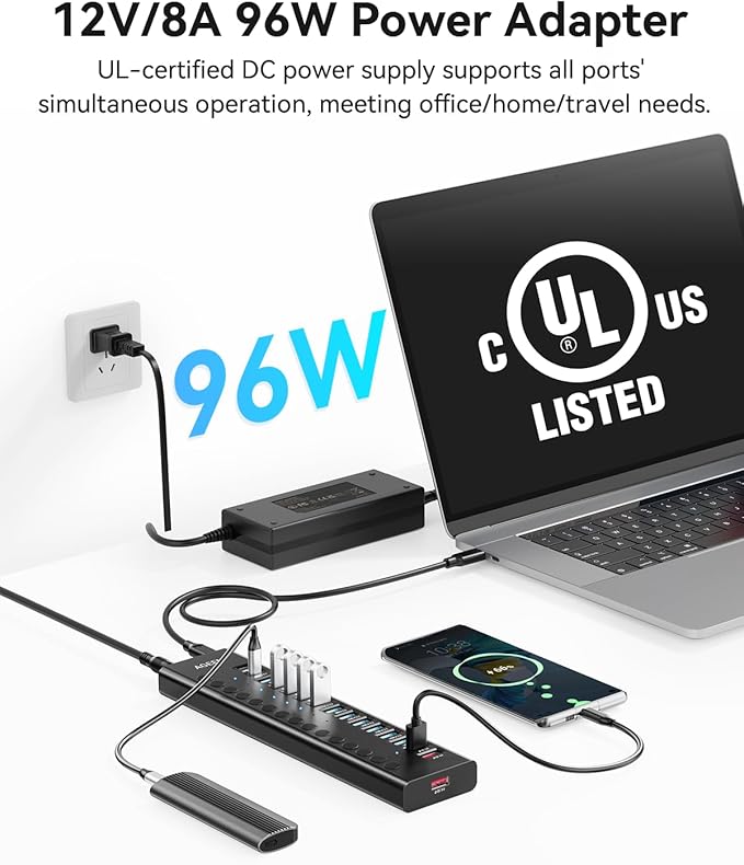 AGEEN 16-Port Powered USB 3.2 Hub-10Gbps SuperSpeed Data Splitter with 2 USB-C &amp 11 USB-A Ports 3 x 24W QC 3.0 Fast Charging Ports Individual On/Off Switches 96W Power Adapter for Laptop (16 Po