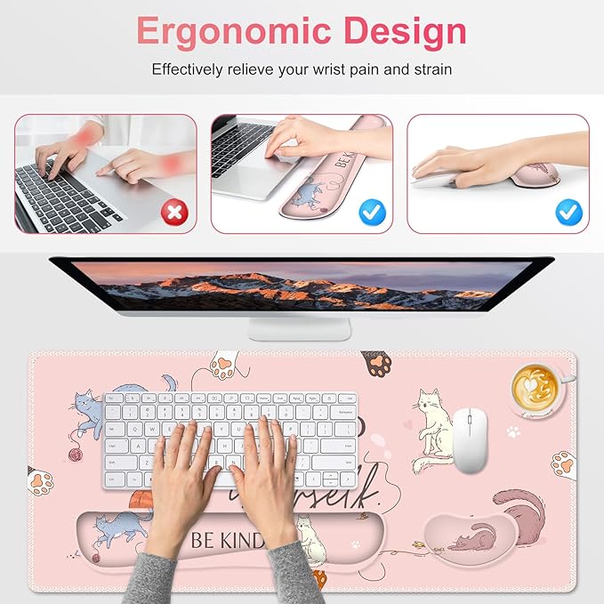 Large Gaming Mouse Pad Set Pink Cats Ergonomics Keyboard Desk Mat with Memory Foam Wrist Rest Extended Game Mousepad Non-Slip Desk Pad Matt Easy Typing Pain Relief I Be Kind to Yourself
