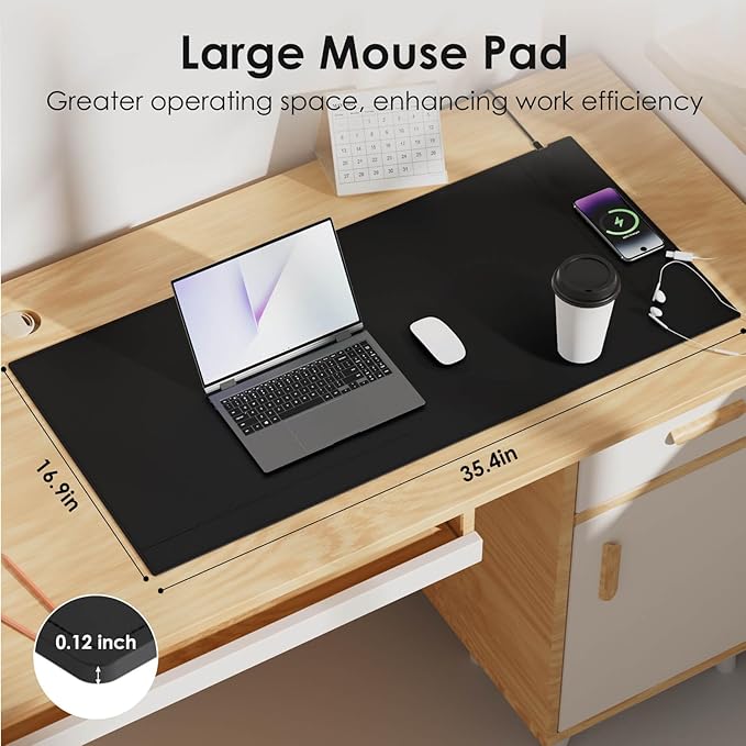 Magnetic Mouse Pad with Wireless Charging 35.4'' x 16.9'' Extra Large Desk Pad Waterproof and Scratch-Resistant Mousepad Charcoal Black Computer Mouse Mat for MacBook PC Laptop