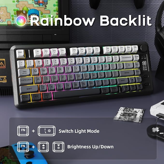 M75 Wireless Mechanical Feel Gaming Keyboard Bluetooth/2.4Ghz Membrane with Knob &amp OLED Display Rainbow Backlit Gradient PBT Keycaps 2000mAH Battery Anti-Ghosting-Moonnight