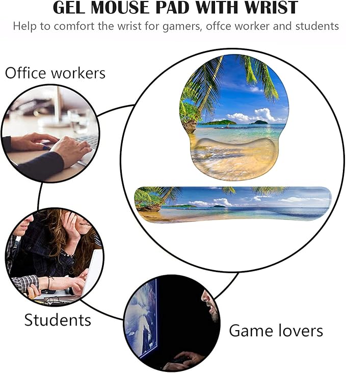 Keyboard Wrist Rest and Mouse Pad Wrist Support Set with Coasters Non-Slip PU Base Ergonomic Gaming Mousepad for Home Office Working Studying Easy Typing &amp Pain Relief Shore Palms Tropical Beach