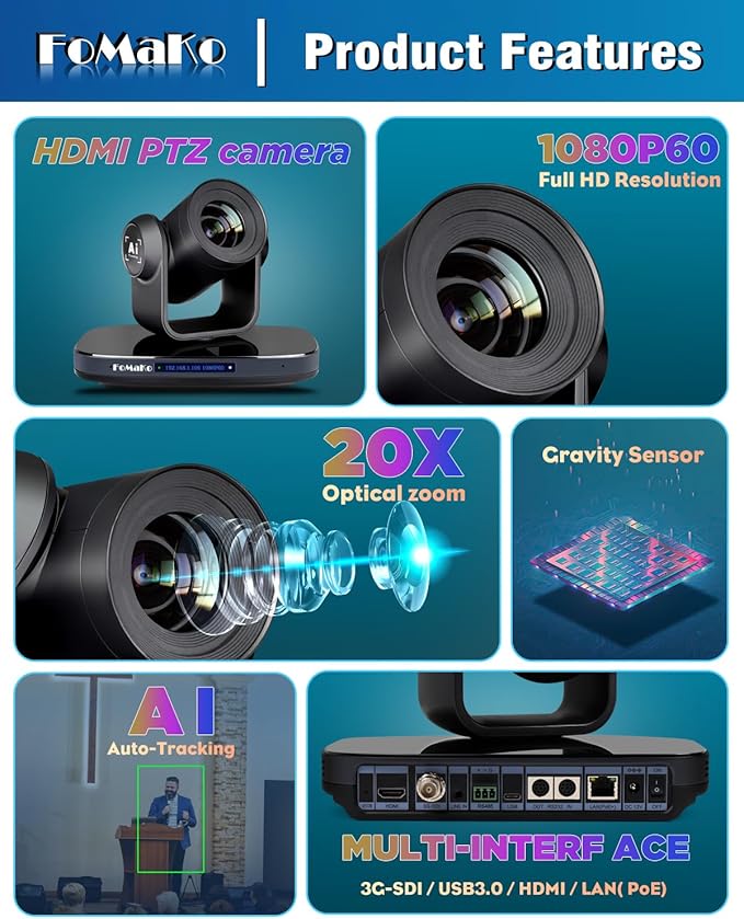 FoMaKo PTZ Camera HDMI 1080P60 AI Auto-Tracking PTZ Camera 20X Optical Zoom USB3.0 Type-C 3G-SDIfor Church Worship Education Conference Events NDI UpgradeableK20Black Color