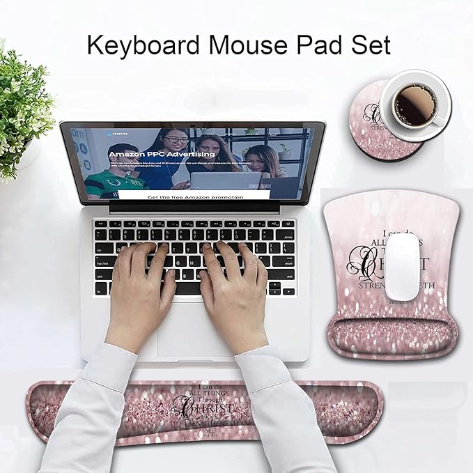 Mouse Pad Wrist Support and Memory Foam Keyboard Wrist Rest Set Ergonomic Gel Mouse Pad for Computer Laptop Desk Pad with Non Slip PU BasePink Philippians 4:13 Pattern Gaming Mouse Pad