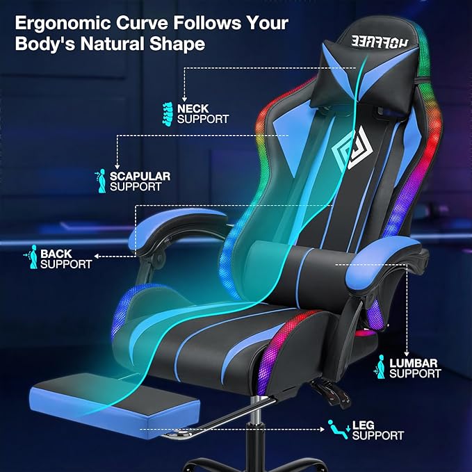 HOFFREE Gaming Chair with LED RGB Lights with Massage and Footrest Ergonomic Computer Chair High Back Video Game Chair with Adjustable Lumbar Support Linkage Armrest Blue and Black