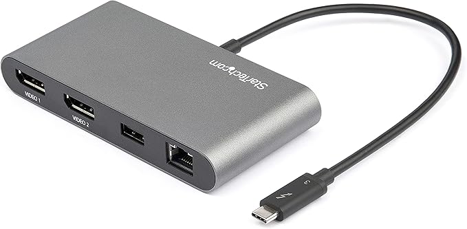 StarTech.com Dual-Monitor Thunderbolt Mini Dock 4K 60Hz DisplayPort Driverless Hub for Windows &amp Mac Gigabit Ethernet 1x USB-A (USB 5Gbps) 11in (28cm) Cable