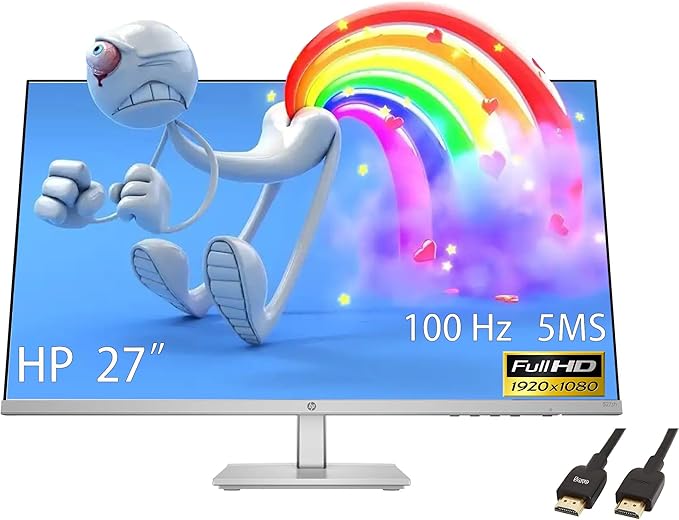 HP 27 Monitor FHD(1920X1080) LED IPS Panel with Adjustable Height Anti-Glare Display 100Hz Refresh Rate 5MS Response Time 2 x HDMI 1.4 1 x VGA Silver with 5ave HDMI Cable