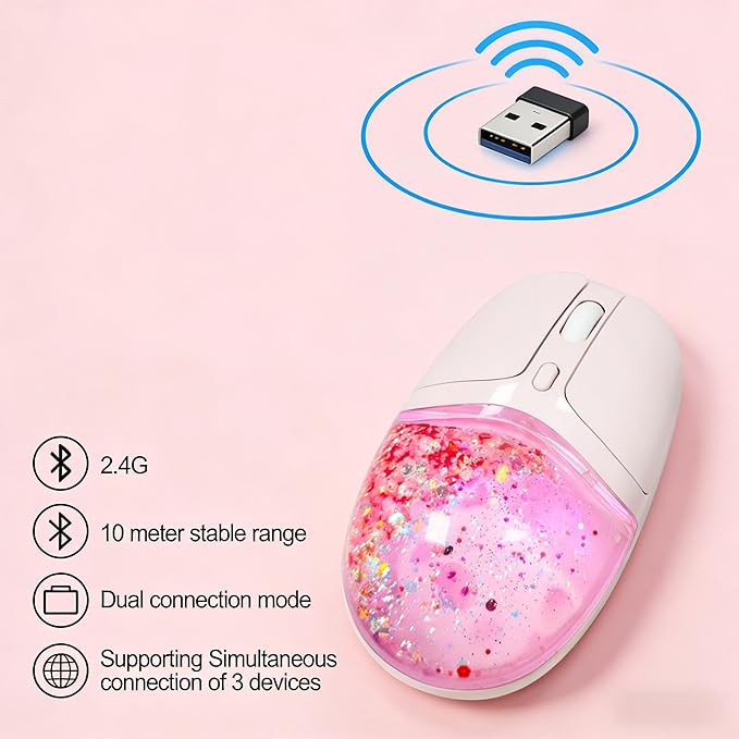 Wireless MouseGlitter Animal Design 3-Device Bluetooth &amp 2.4 G 4000 DPI RGB Light Multi-Mode Portable Mouse for PC Laptop Office Gaming Students Home Travel Use (Pink)